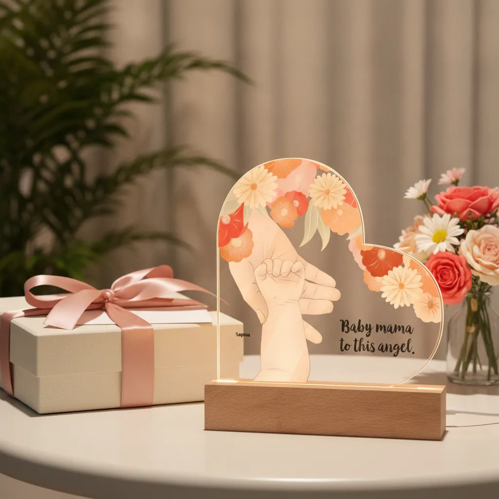 Personalized Mom & Baby Acrylic Heart LED Night Light – Custom New Mom Gift with Baby Name