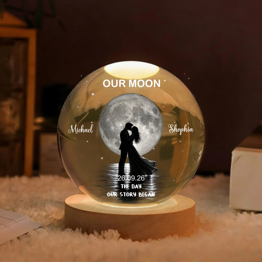Our Moon Couple Silhouette – Personalized Moon Phase Crystal Ball LED Night Light, Anniversary, Wedding & Valentine's Day Gift for Her or Him