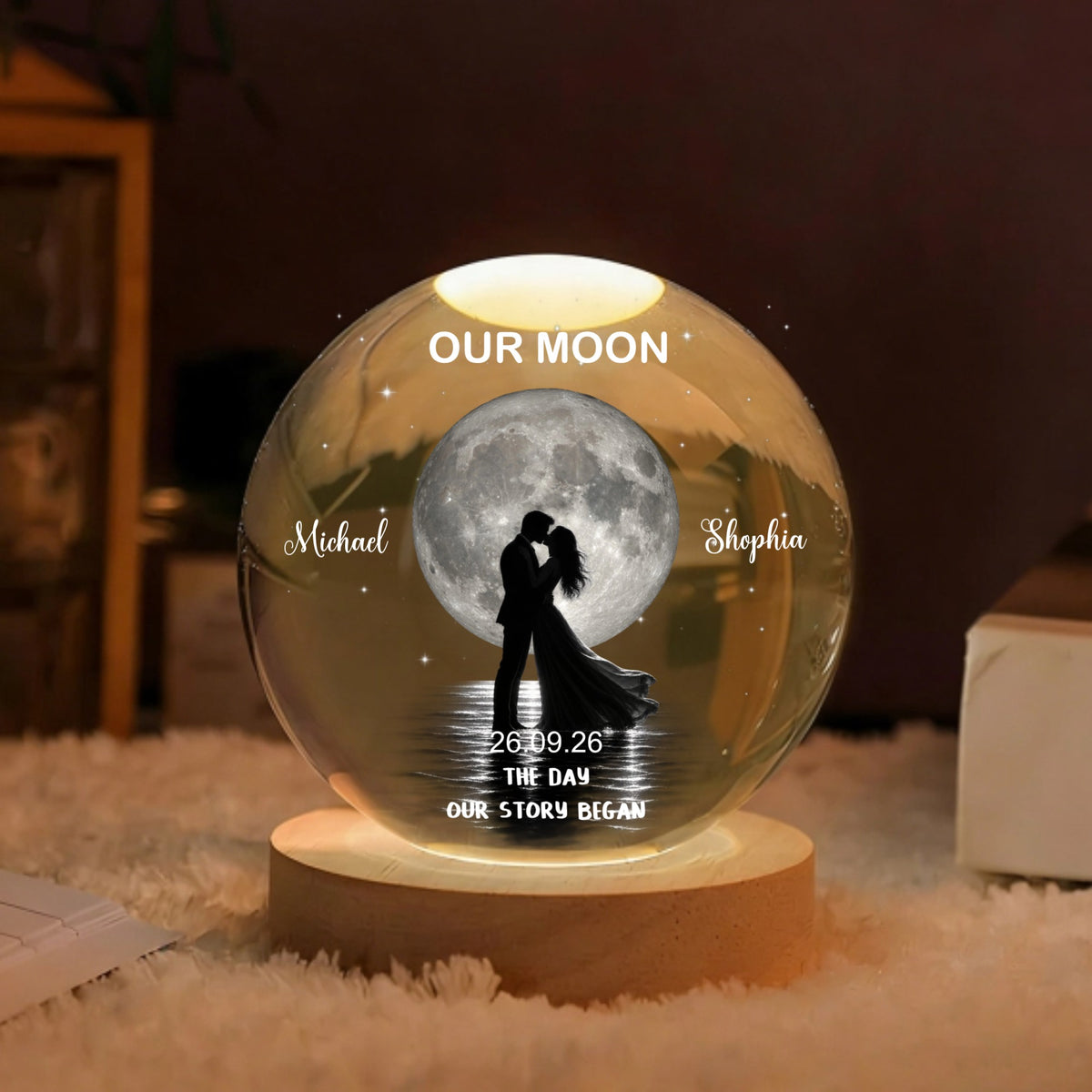 Our Moon Couple Silhouette – Personalized Moon Phase Crystal Ball LED Night Light, Anniversary, Wedding & Valentine's Day Gift for Her or Him