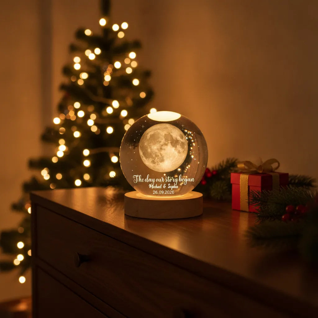 The Day Our Story Began – Personalized Moon Phase Crystal Ball LED Night Light with Names & Message, Anniversary, Wedding & Valentine's Day Gift for Her or Him