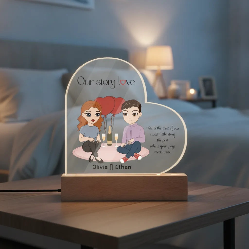 Personalized Couple Acrylic Heart LED Night Light – Custom Our Story Anniversary Gift
