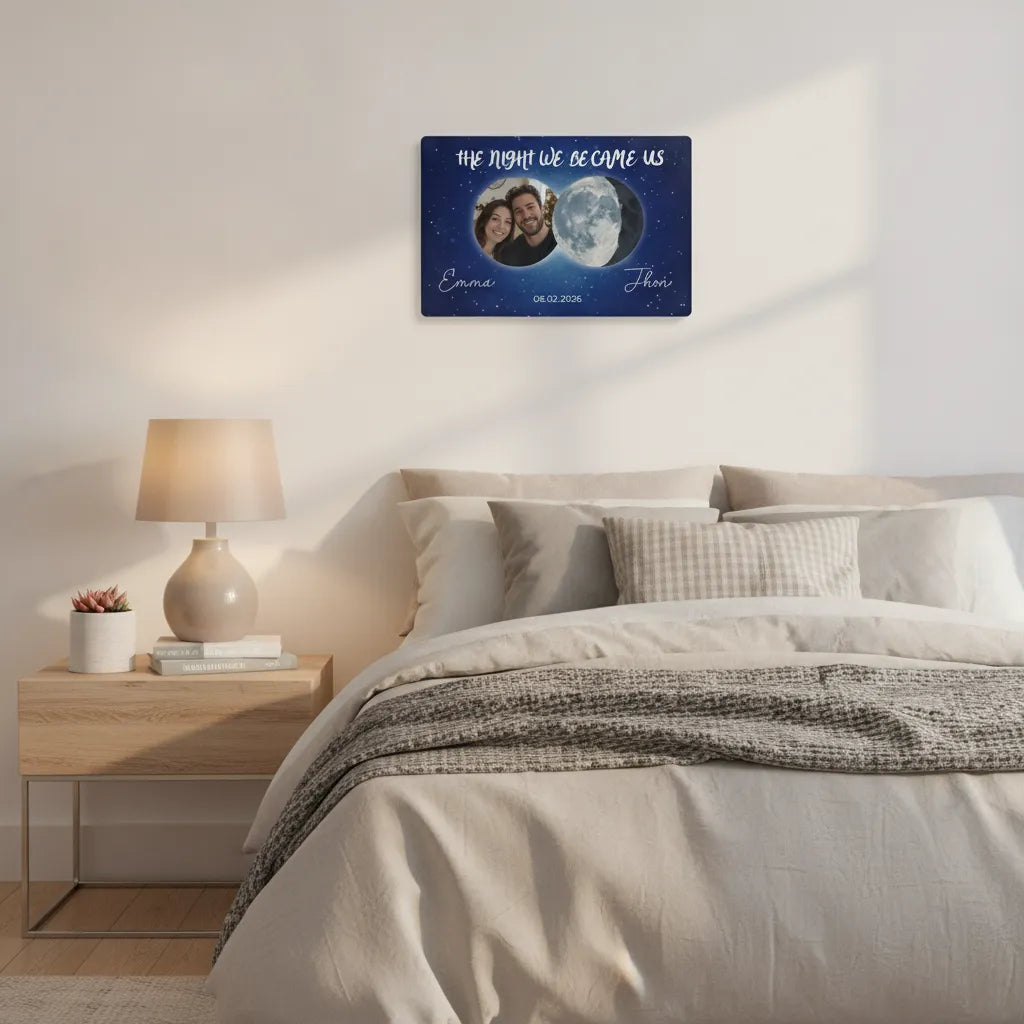 Personalized Couple Moon Phase Metal Sign – Custom Photo & Special Date