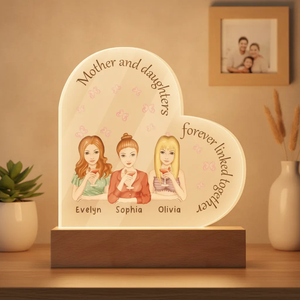 Personalized Mother & Daughters Acrylic Heart LED Night Light – Custom Mom Gift