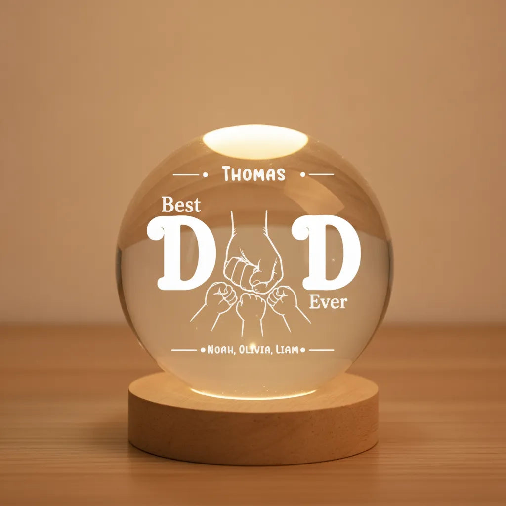 Best Dad Ever Fist Bump – Personalized Crystal Ball Night Light with Kids’ Names – Gift for Dad