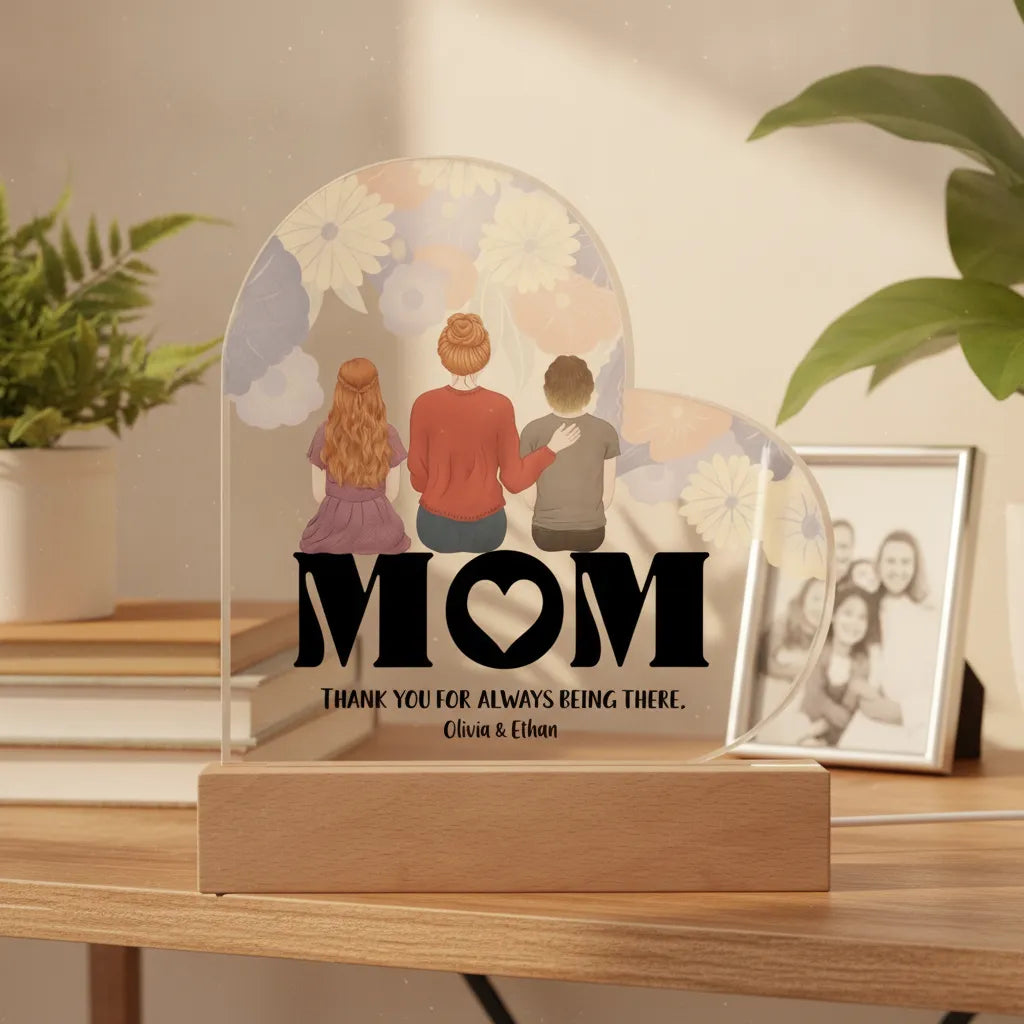 Personalized Mom & Kids Acrylic Heart LED Night Light – Custom Mother’s Day Gift with Names