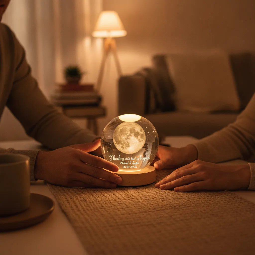 The Day Our Story Began – Personalized Moon Phase Crystal Ball LED Night Light with Names & Message, Anniversary, Wedding & Valentine's Day Gift for Her or Him