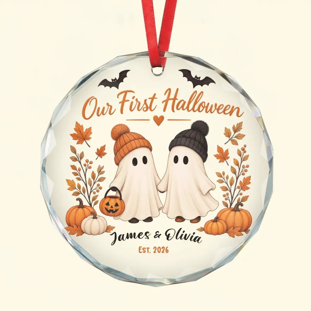 Our First Halloween Personalized Glass Ornament – Couple Names & Year