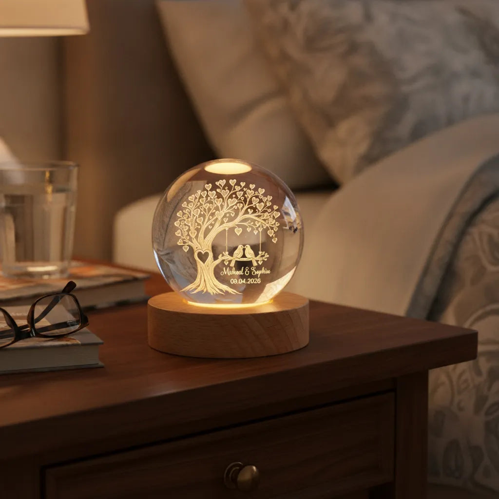 Personalized Lovebirds Tree Crystal Ball Night Light