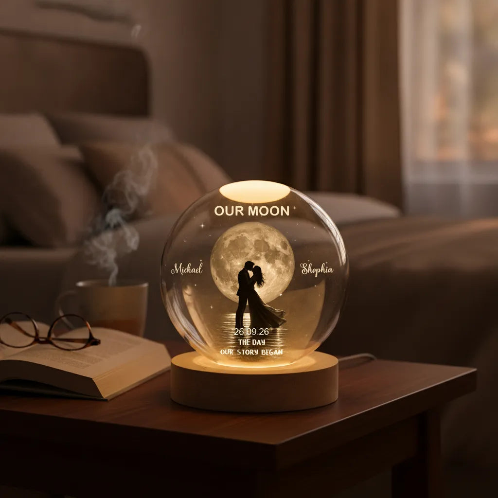 Our Moon Couple Silhouette – Personalized Moon Phase Crystal Ball LED Night Light, Anniversary, Wedding & Valentine's Day Gift for Her or Him