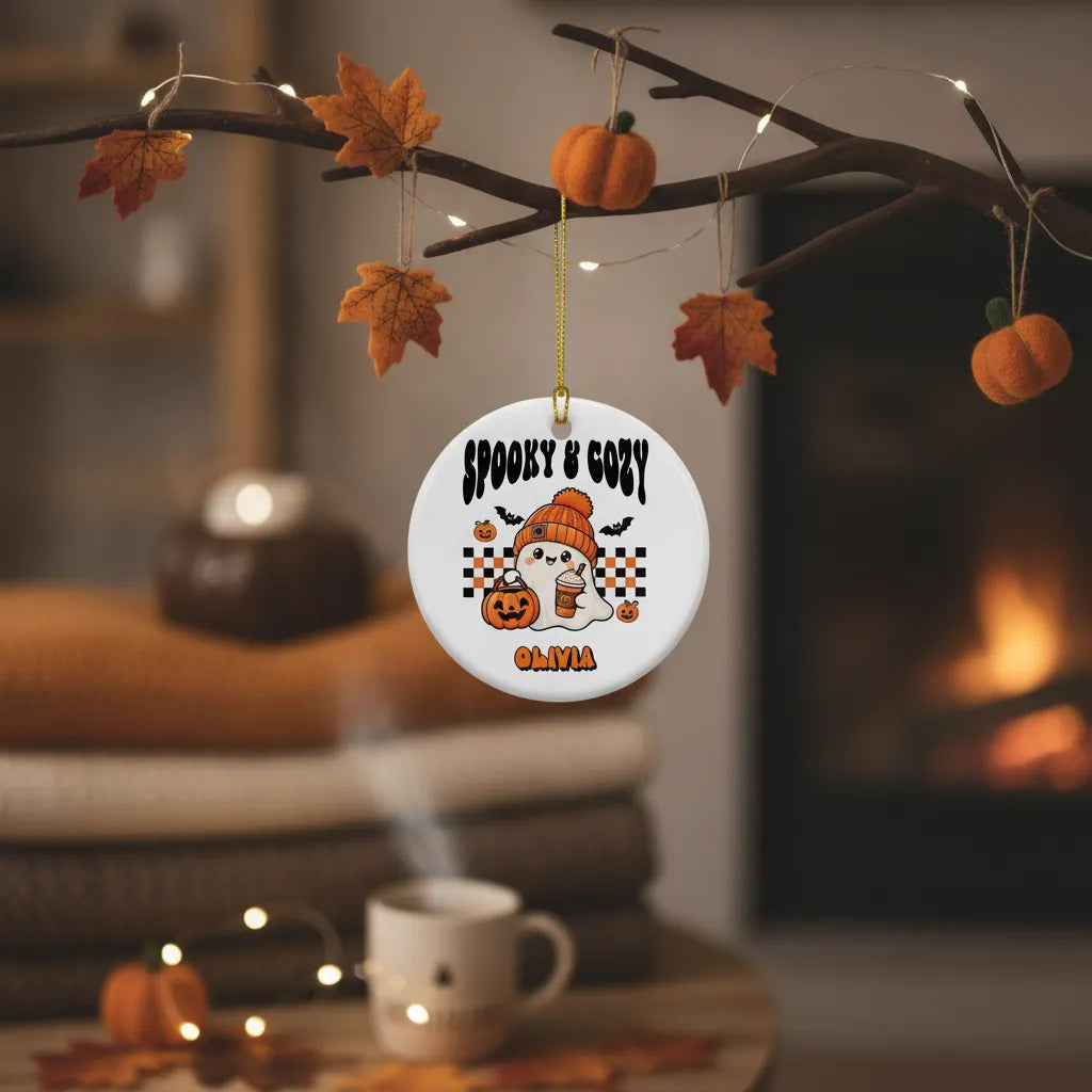 Personalized Spooky & Cozy Ghost Ceramic Ornament – Custom Title & Name