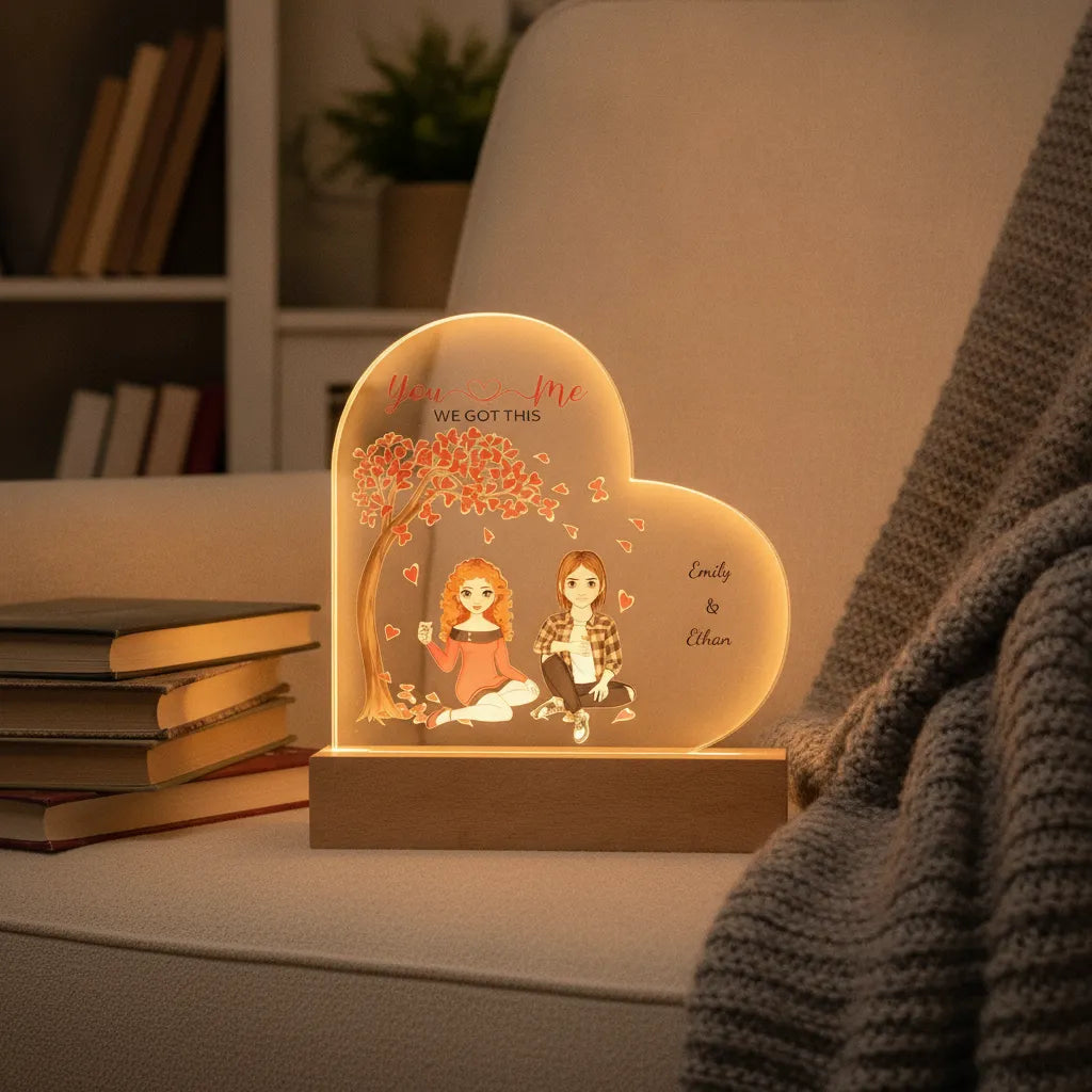 You & Me, We Got This – Personalized Couple Characters & Names Acrylic Heart LED Night Light, Anniversary, Birthday & Valentine's Day Gift for Her or Him