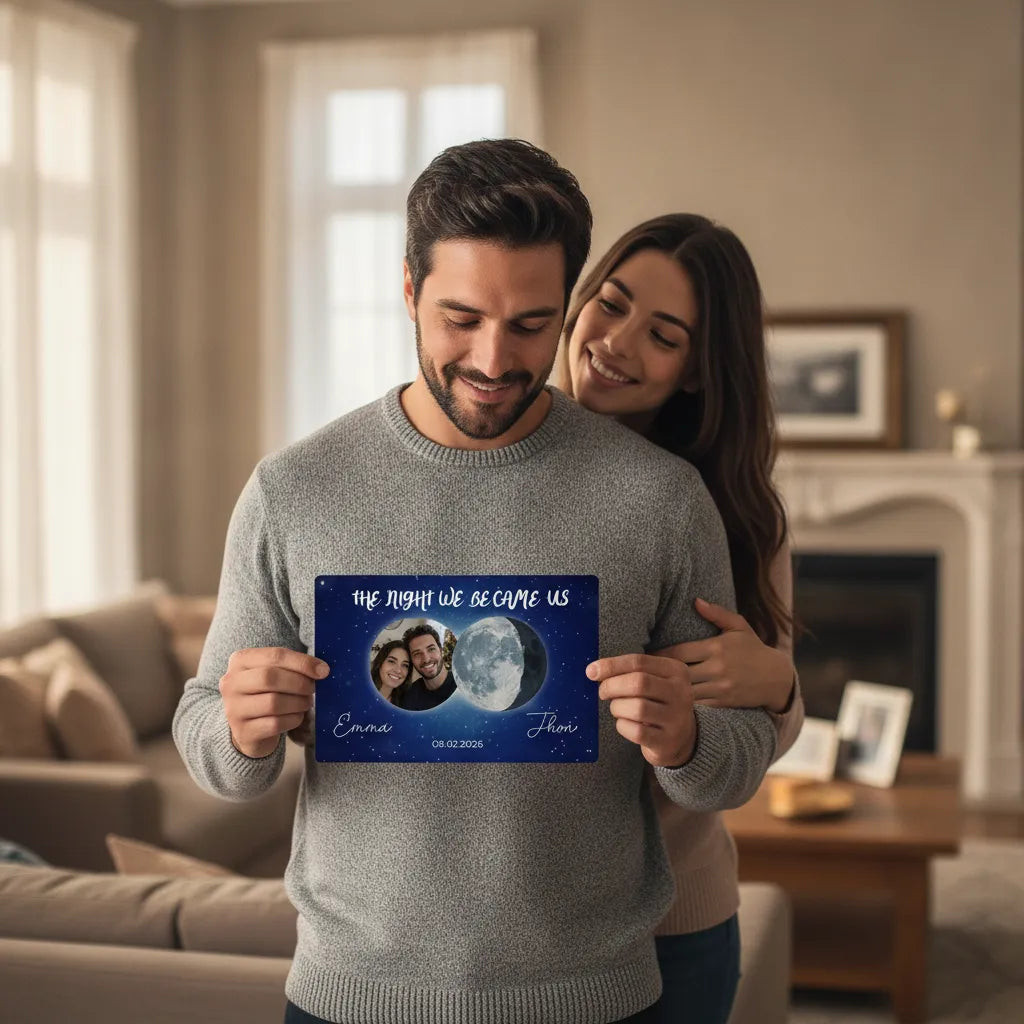 Personalized Couple Moon Phase Metal Sign – Custom Photo & Special Date