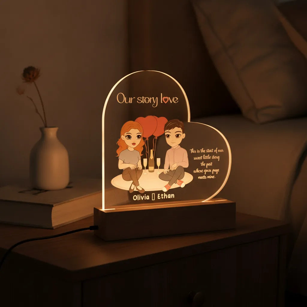 Personalized Couple Acrylic Heart LED Night Light – Custom Our Story Anniversary Gift