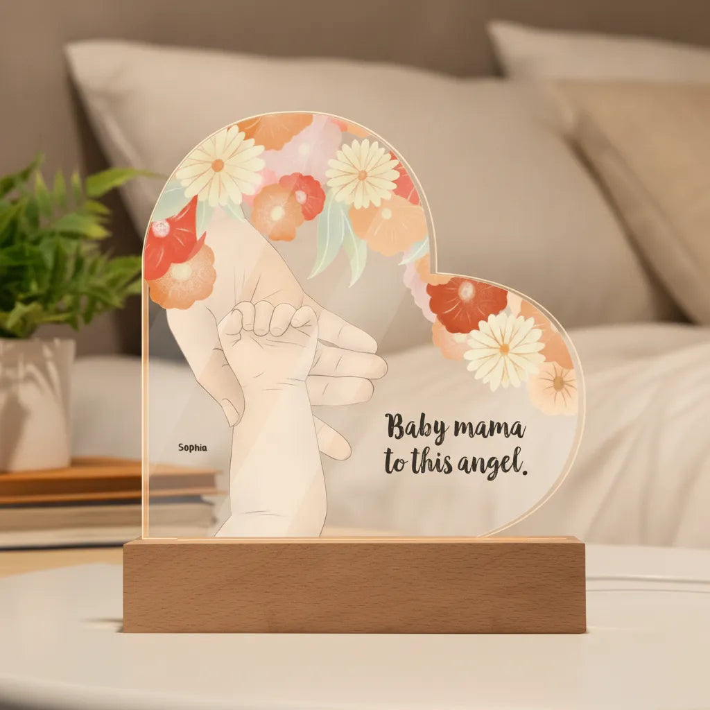 Personalized Mom & Baby Acrylic Heart LED Night Light – Custom New Mom Gift with Baby Name