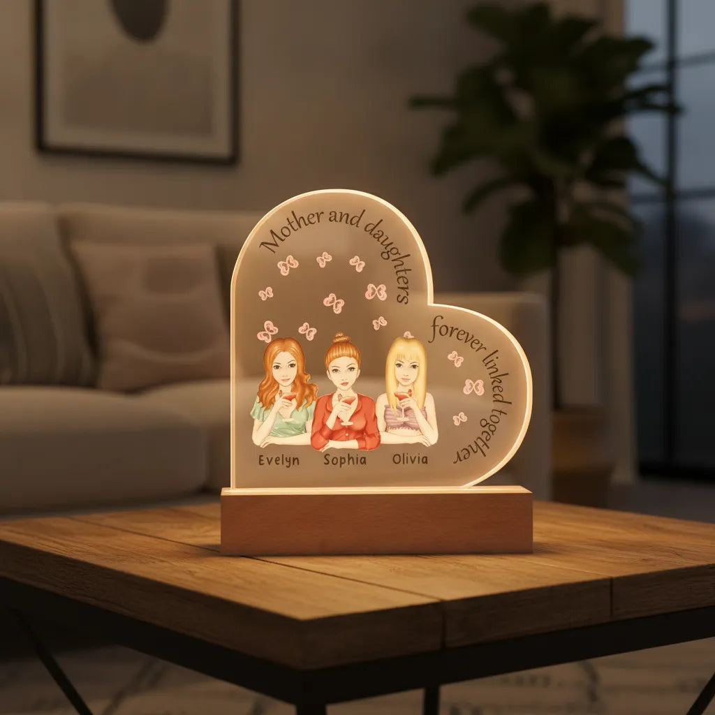 Personalized Mother & Daughters Acrylic Heart LED Night Light – Custom Mom Gift