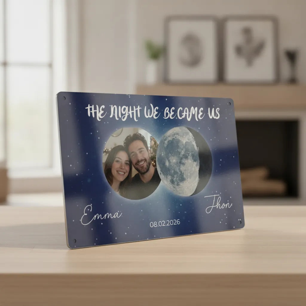 Personalized Couple Moon Phase Metal Sign – Custom Photo & Special Date