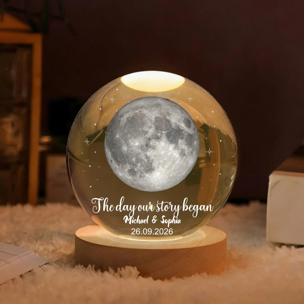 The Day Our Story Began – Personalized Moon Phase Crystal Ball LED Night Light with Names & Message, Anniversary, Wedding & Valentine's Day Gift for Her or Him