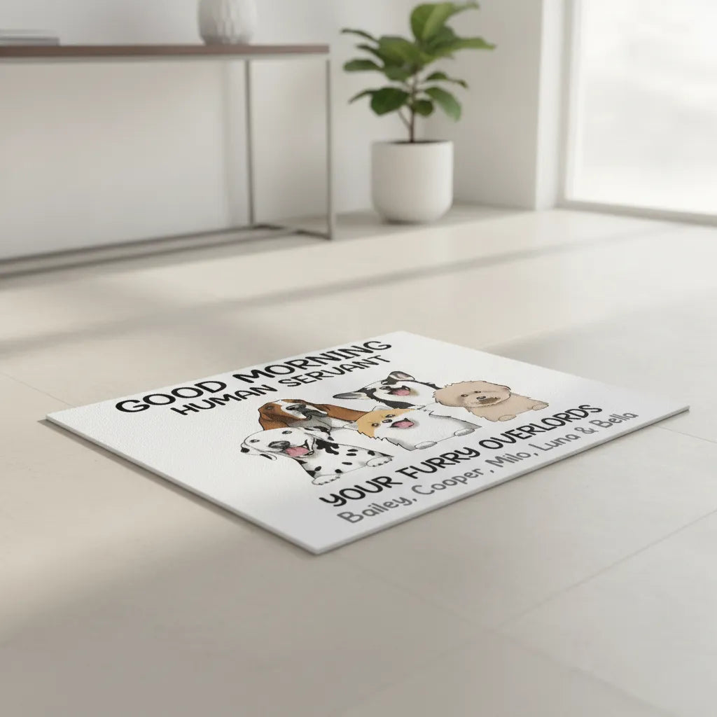 Personalized Dog Doormat – Good Morning Human Servant Custom Pet Mat with Names