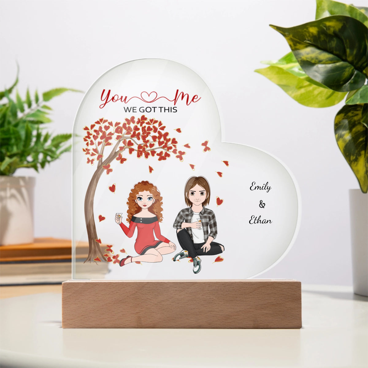 You & Me, We Got This – Personalized Couple Characters & Names Acrylic Heart LED Night Light, Anniversary, Birthday & Valentine's Day Gift for Her or Him
