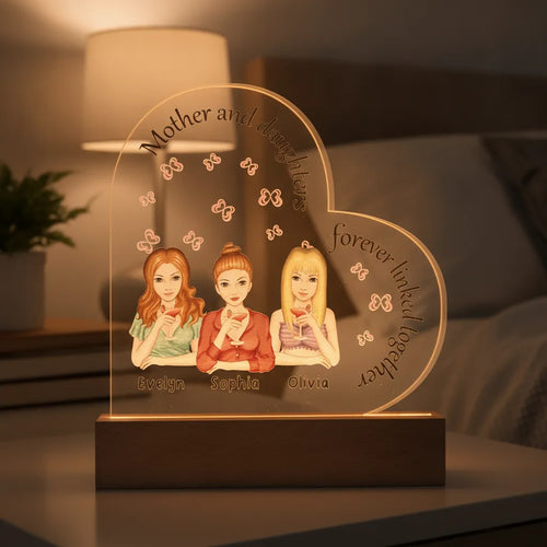 Personalized Mother & Daughters Acrylic Heart LED Night Light – Custom Mom Gift