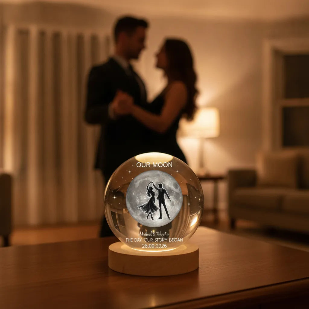 Dancing in the Moonlight – Personalized Moon Phase Crystal Ball LED Night Light, Anniversary, Wedding & Valentine’s Day Gift for Her or Him