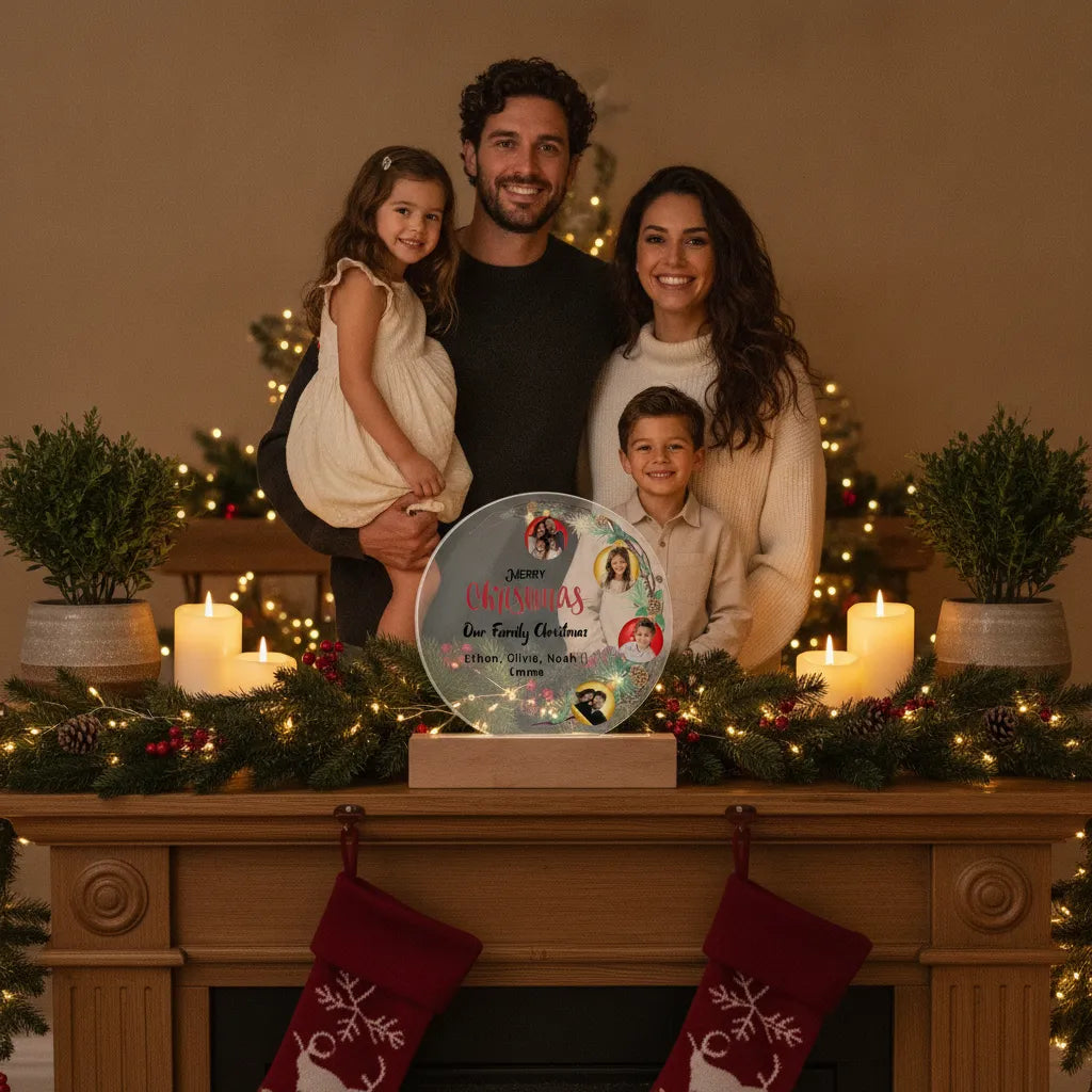 Personalized Family Christmas Acrylic Photo Plaque – Custom 4 Photo LED Night Light with Names
