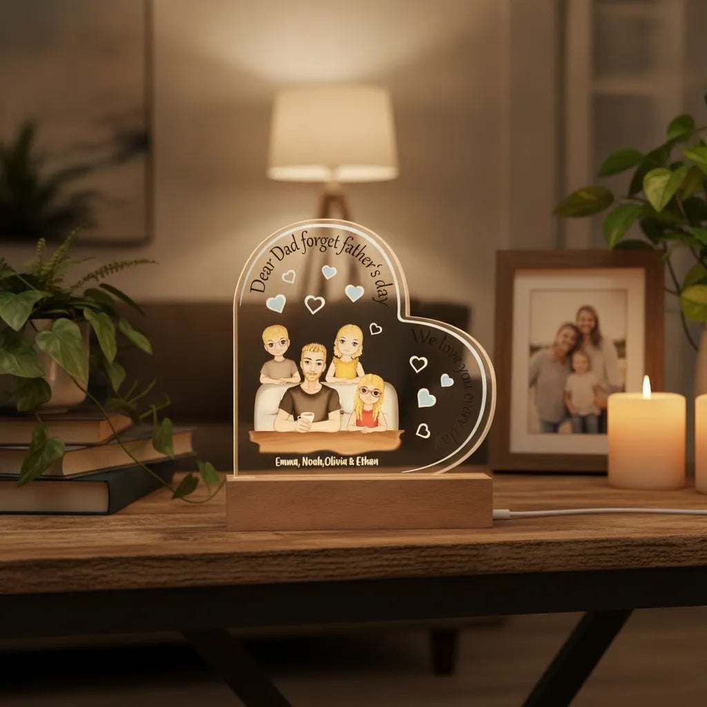 Personalized Dad & Kids Acrylic Heart LED Night Light – Custom Father’s Day Gift with Names