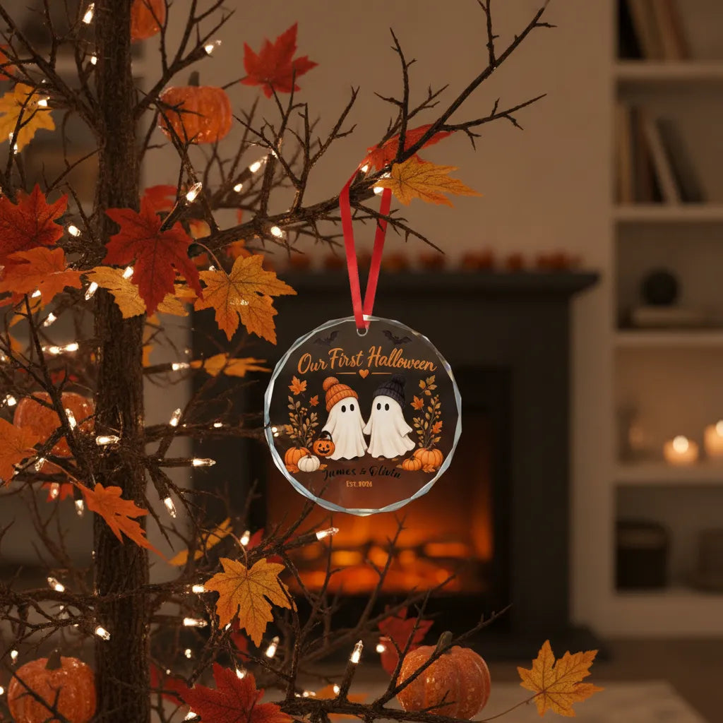 Our First Halloween Personalized Glass Ornament – Couple Names & Year