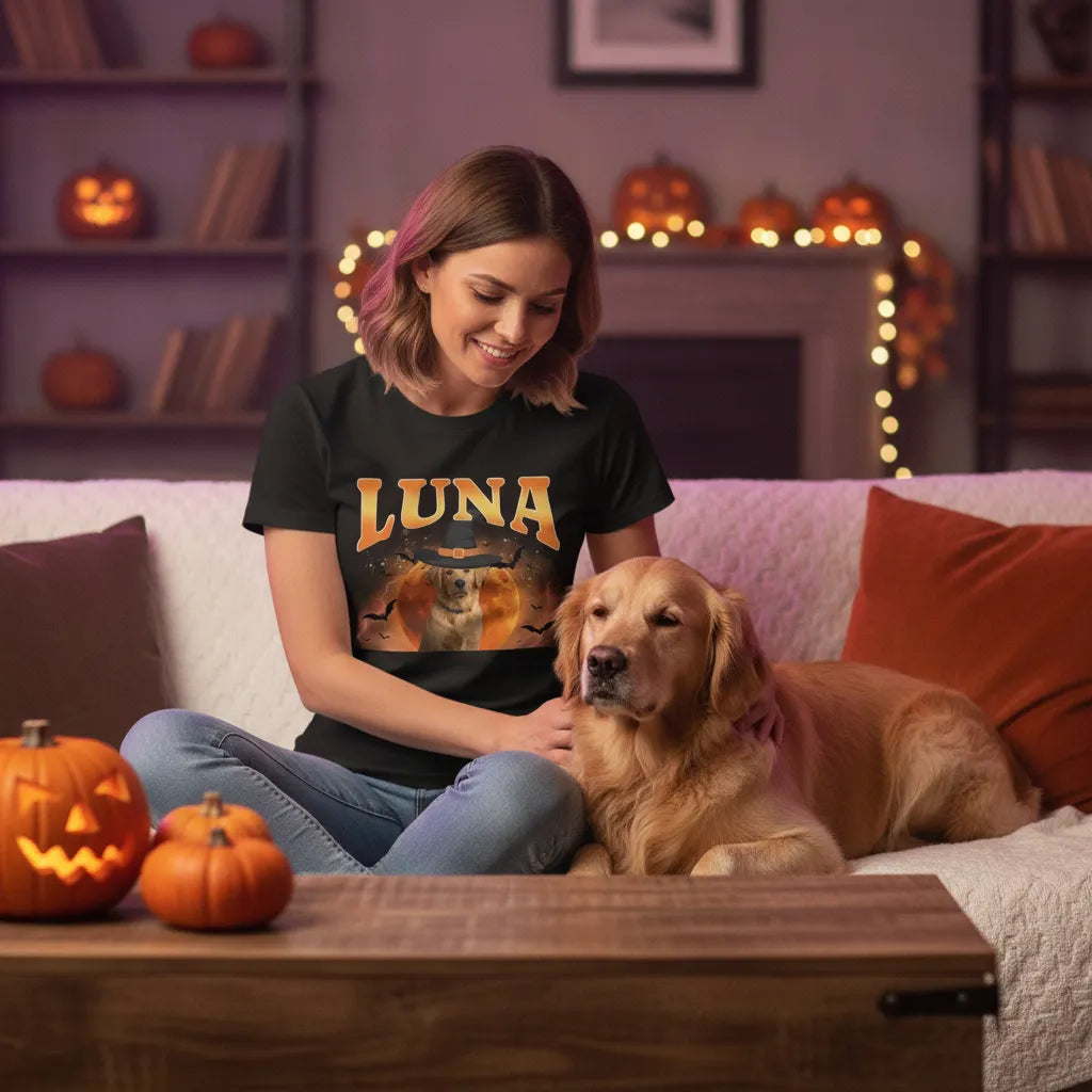 Personalized Halloween Pet T-Shirt – Custom Dog or Cat Name Spooky Moon Shirt