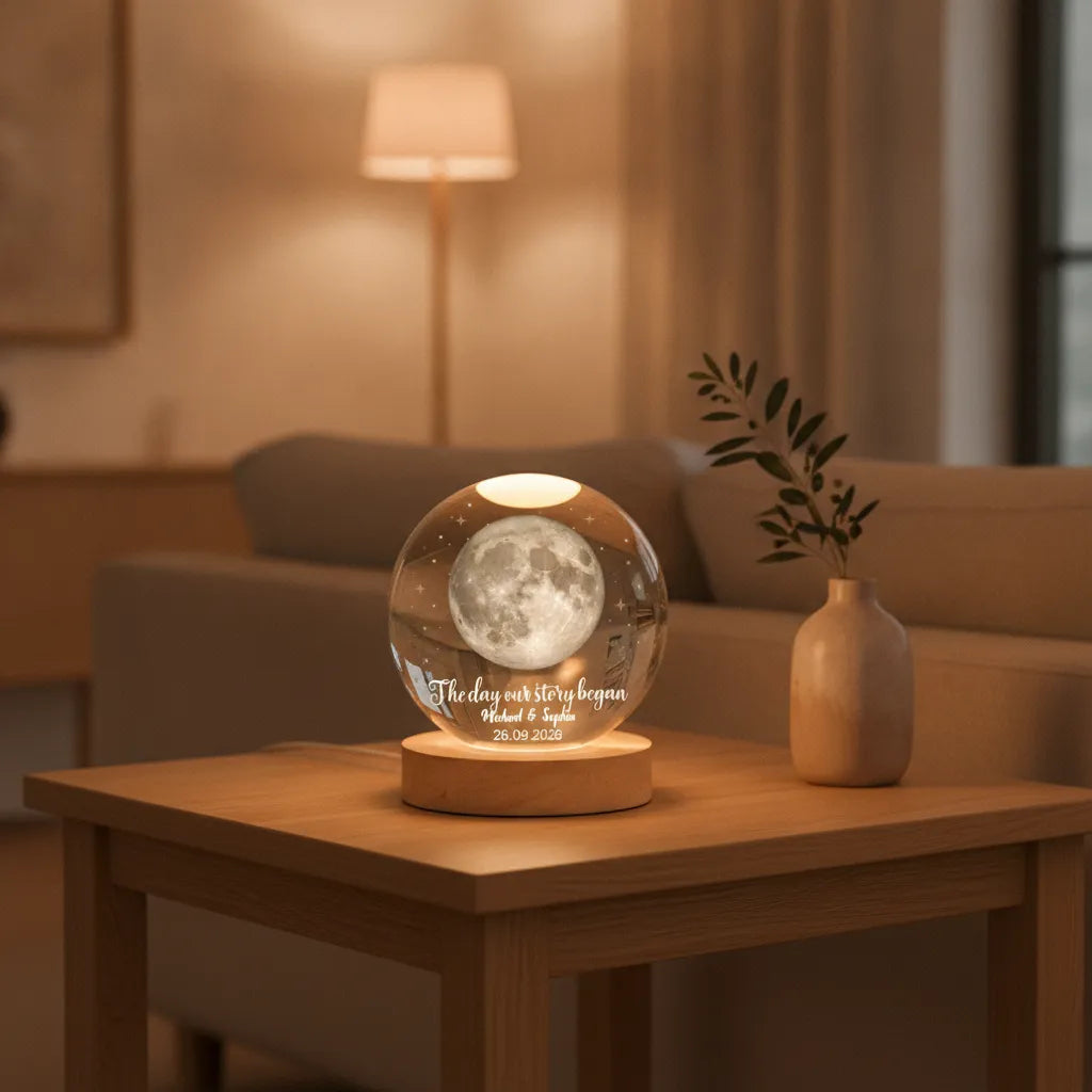 The Day Our Story Began – Personalized Moon Phase Crystal Ball LED Night Light with Names & Message, Anniversary, Wedding & Valentine's Day Gift for Her or Him