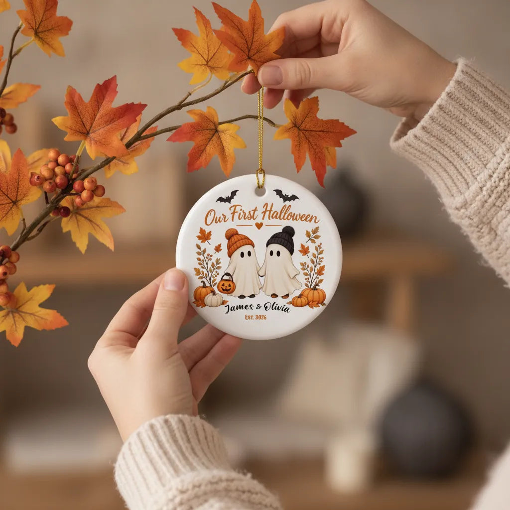 Our First Halloween Personalized Ceramic Ornament – Couple Names & Year