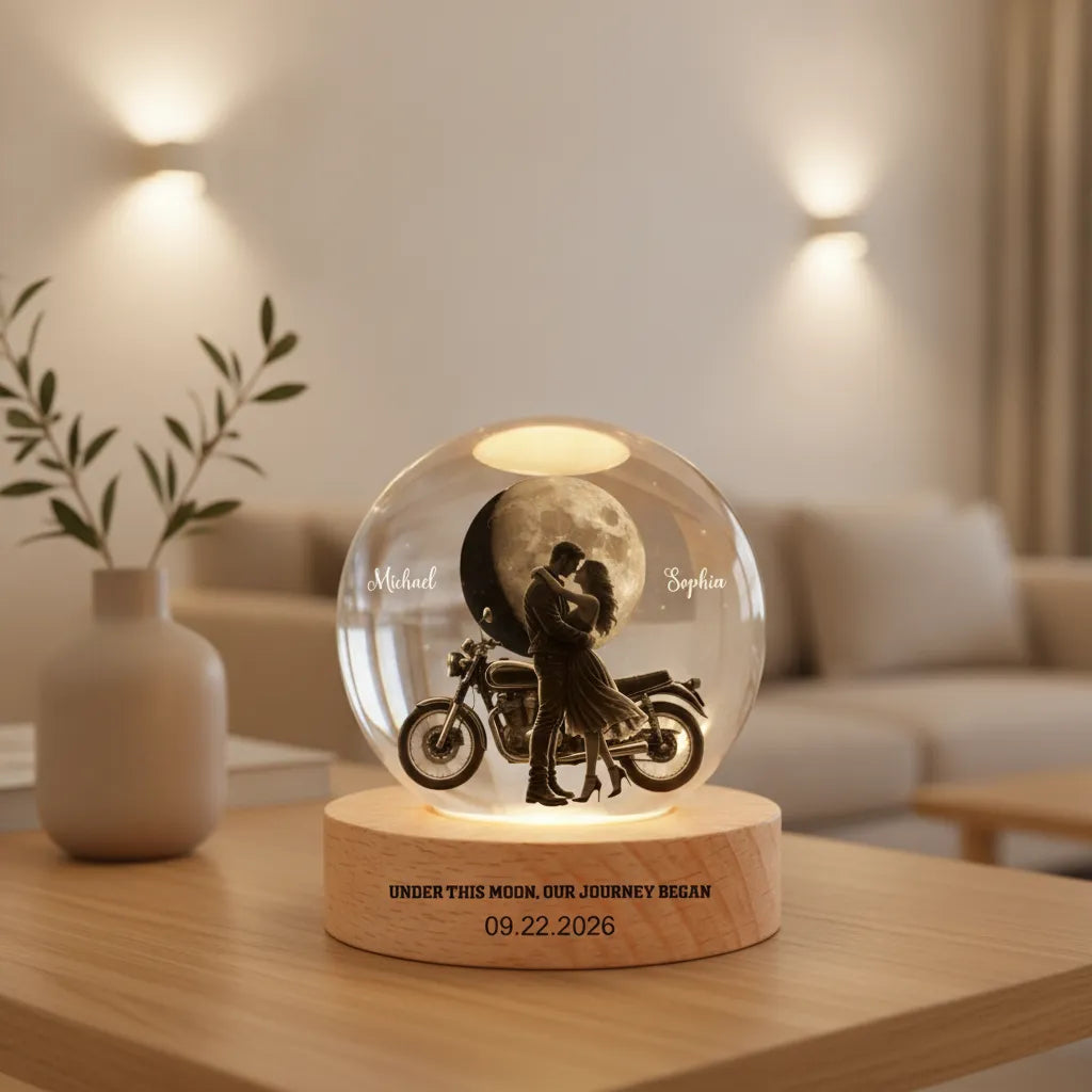 Under This Moon, Our Journey Began – Personalized Motorcycle Couple Moon Phase Crystal Ball LED Lamp with Engraved Base, Anniversary, Birthday & Valentine’s Day Gift for Her or Him
