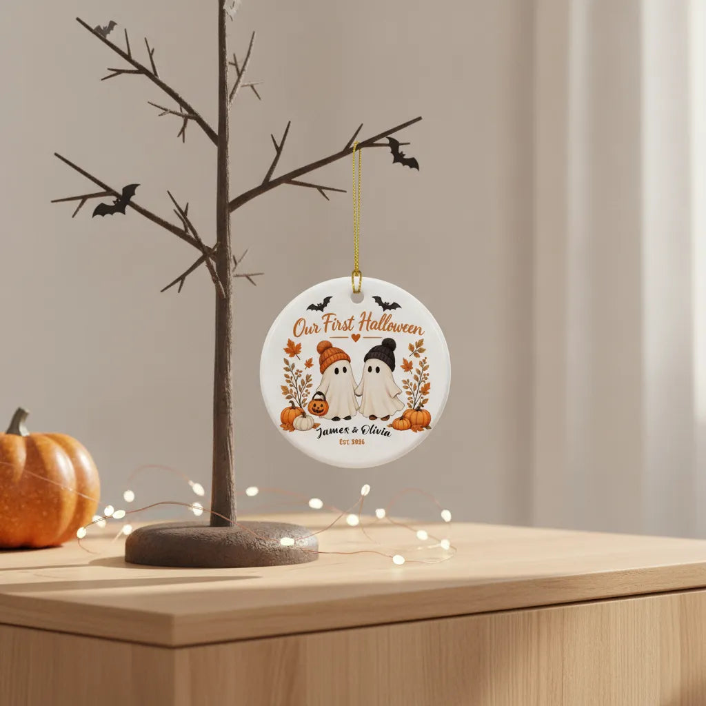 Our First Halloween Personalized Ceramic Ornament – Couple Names & Year