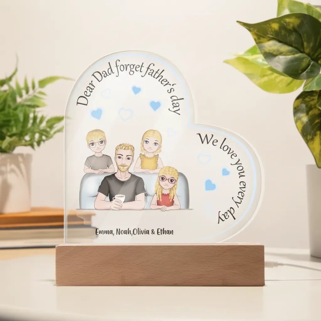 Personalized Dad & Kids Acrylic Heart LED Night Light – Custom Father’s Day Gift with Names