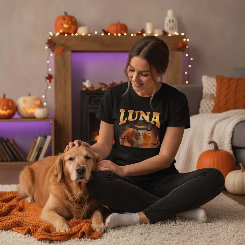 Personalized Halloween Pet T-Shirt – Custom Dog or Cat Name Spooky Moon Shirt
