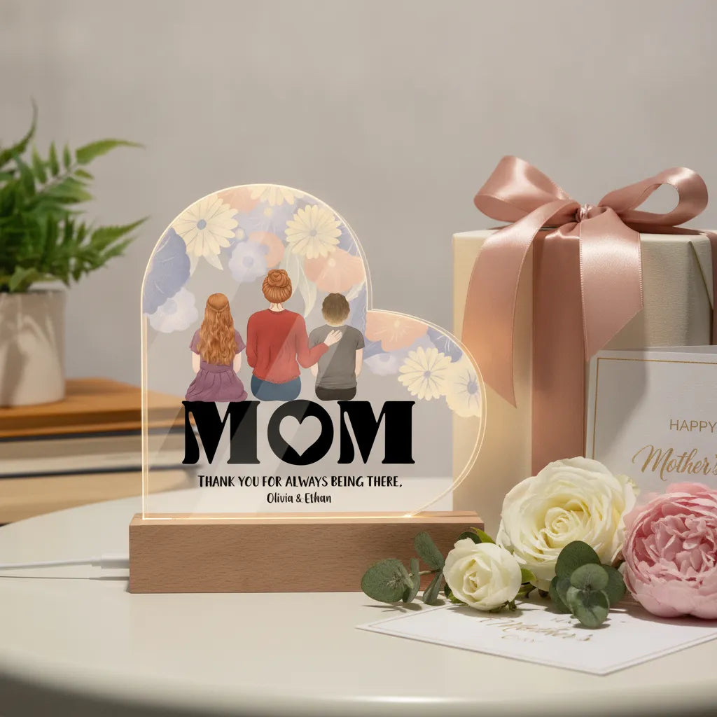 Personalized Mom & Kids Acrylic Heart LED Night Light – Custom Mother’s Day Gift with Names