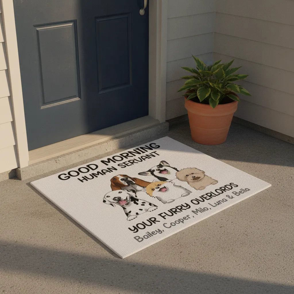 Personalized Dog Doormat – Good Morning Human Servant Custom Pet Mat with Names
