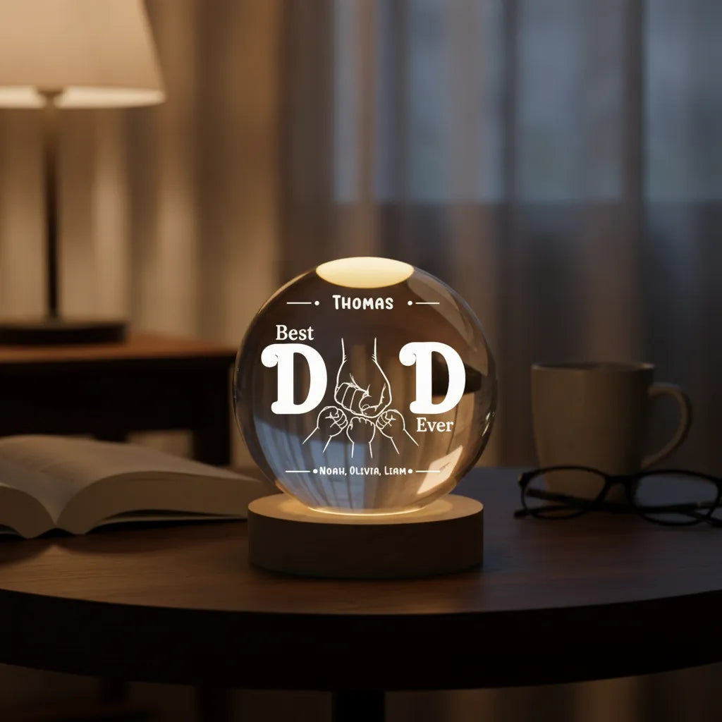 Best Dad Ever Fist Bump – Personalized Crystal Ball Night Light with Kids’ Names – Gift for Dad