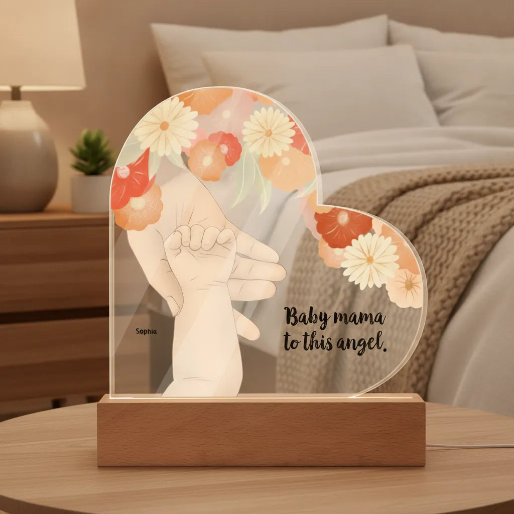 Personalized Mom & Baby Acrylic Heart LED Night Light – Custom New Mom Gift with Baby Name