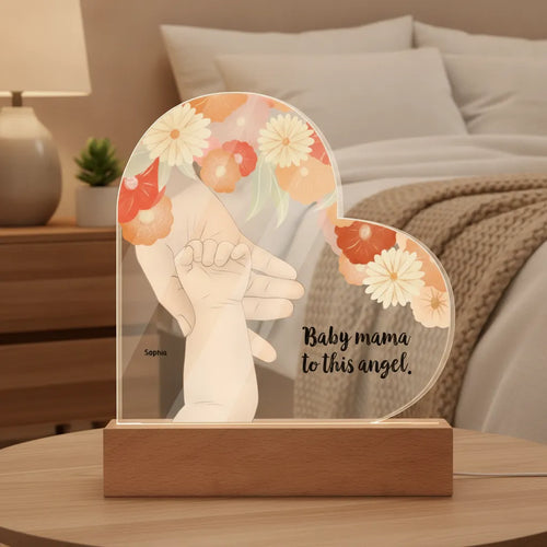 Personalized Mom & Baby Acrylic Heart LED Night Light – Custom New Mom Gift with Baby Name