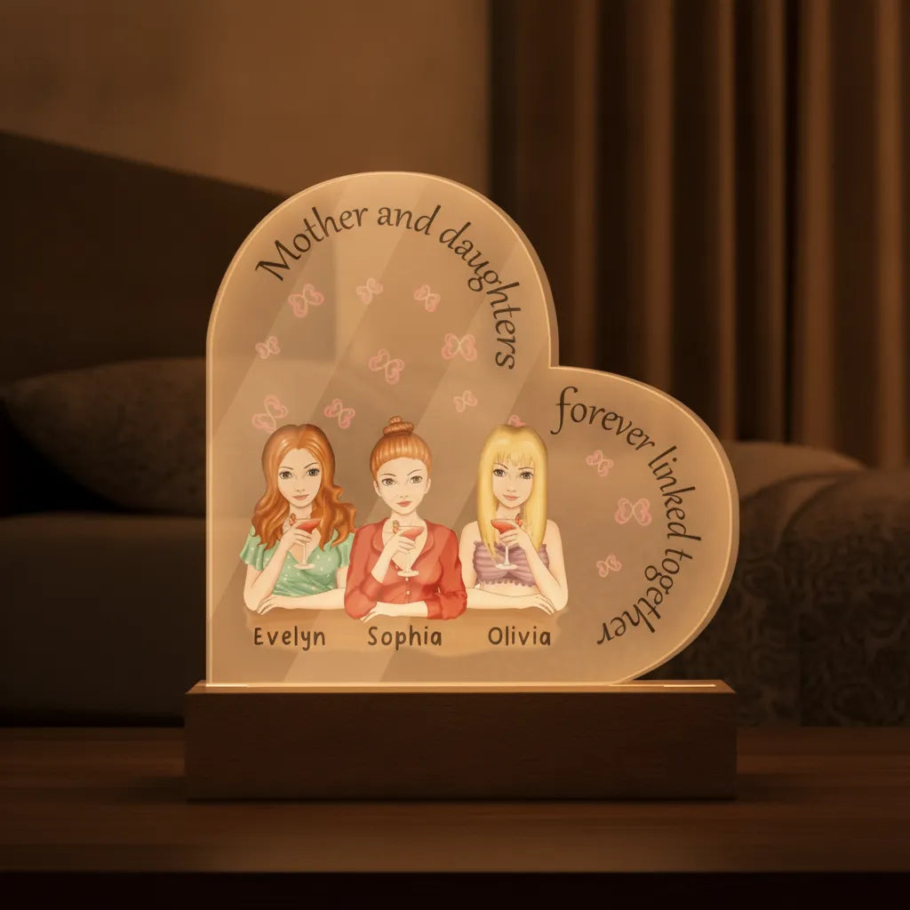 Personalized Mother & Daughters Acrylic Heart LED Night Light – Custom Mom Gift