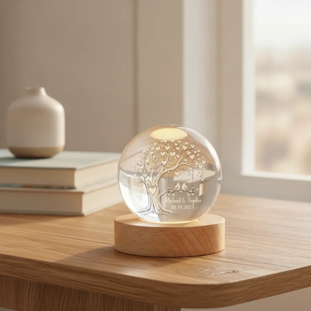 Personalized Lovebirds Tree Crystal Ball Night Light