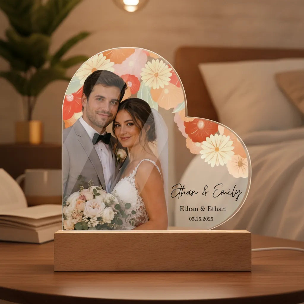 Personalized Floral Wedding Acrylic Heart Plaque – Custom Bride & Groom Photo Gift, Wedding Anniversary Keepsake with Names & Date