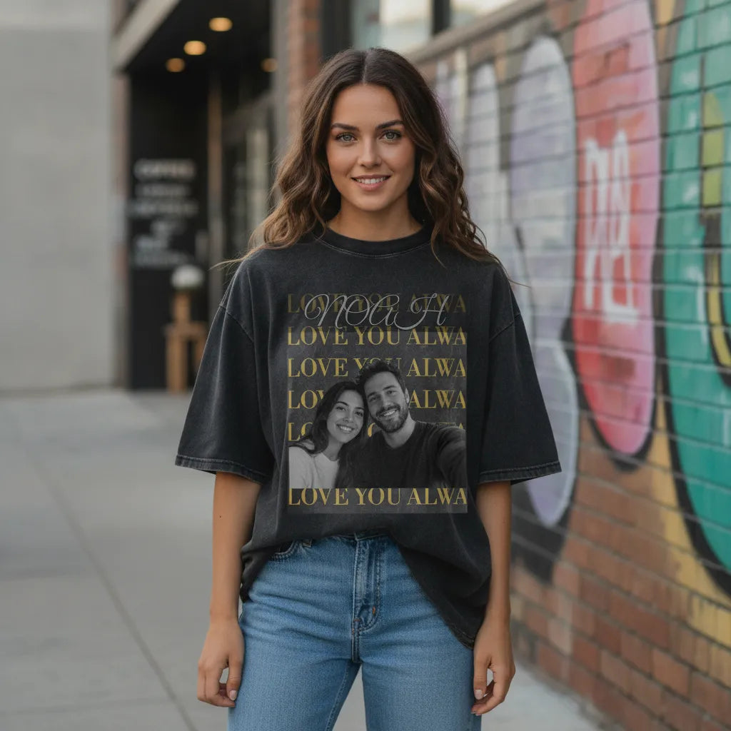 Personalized Photo Washed Oversized T-Shirt – Custom Name & Message