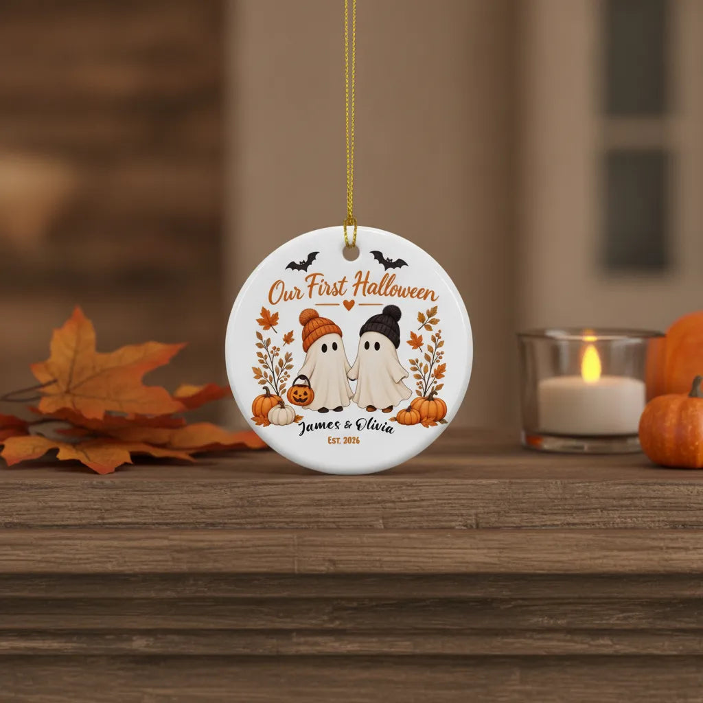 Our First Halloween Personalized Ceramic Ornament – Couple Names & Year