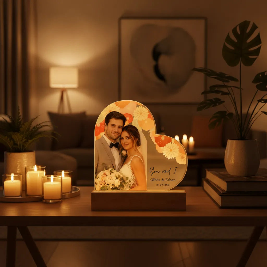 Personalized Floral Wedding Acrylic Heart Plaque – Custom Bride & Groom Photo Gift, Wedding Anniversary Keepsake with Names & Date