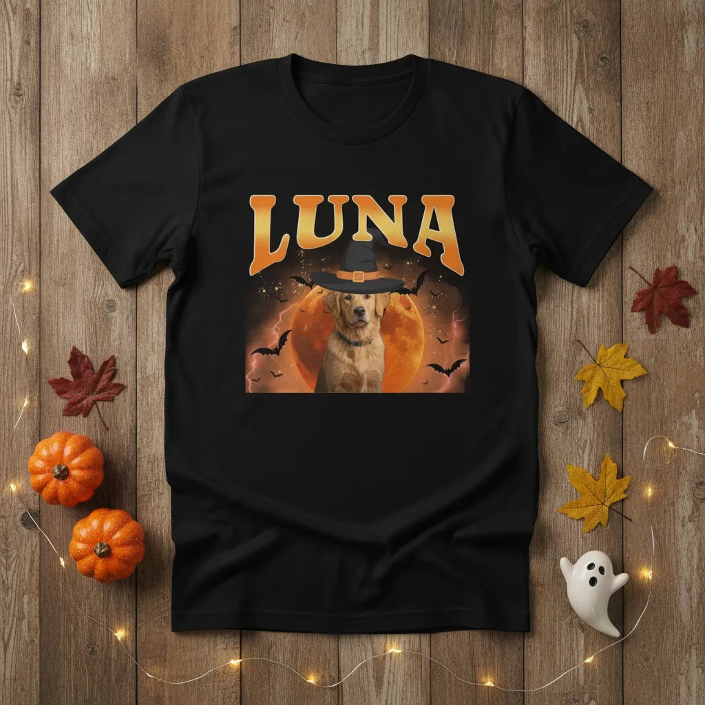 Personalized Halloween Pet T-Shirt – Custom Dog or Cat Name Spooky Moon Shirt
