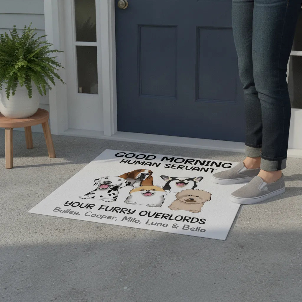 Personalized Dog Doormat – Good Morning Human Servant Custom Pet Mat with Names