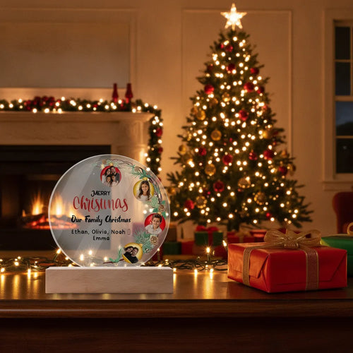 Personalized Family Christmas Acrylic Photo Plaque – Custom 4 Photo LED Night Light with Names