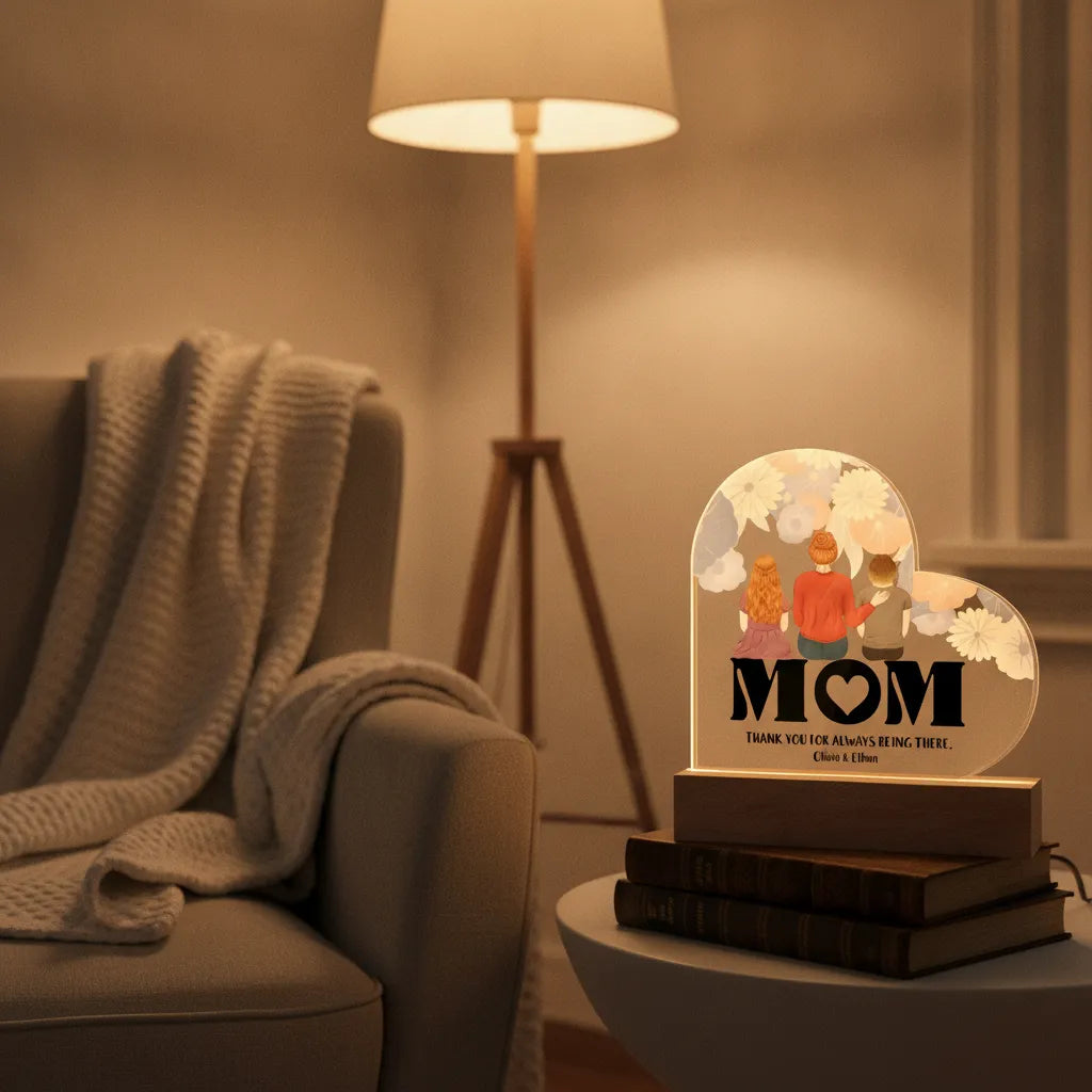 Personalized Mom & Kids Acrylic Heart LED Night Light – Custom Mother’s Day Gift with Names